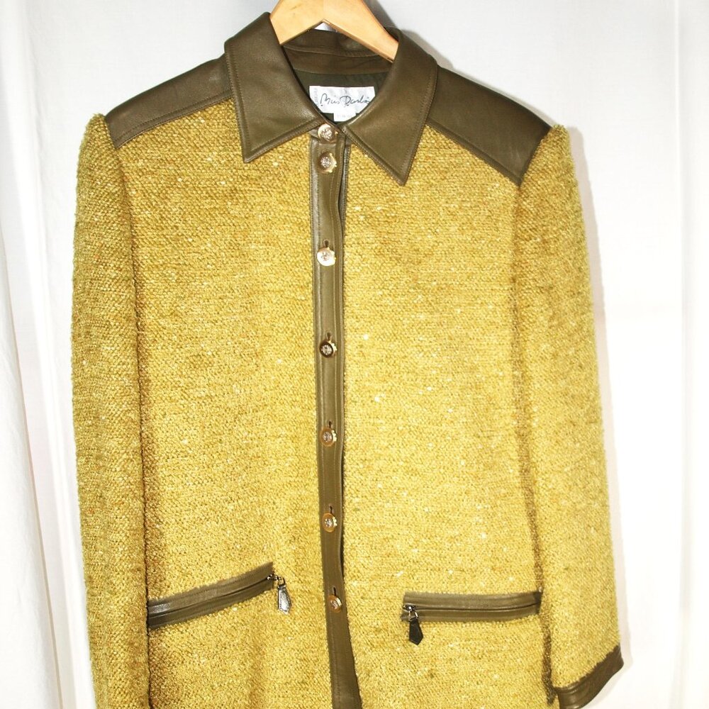 Olive Green Boucle Jacket “Miss Parliss” w/Leather Trim